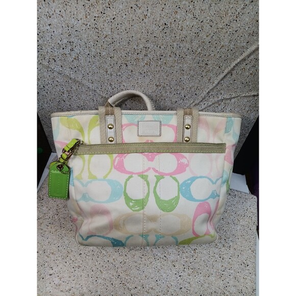 Vintage COACH HAMPTON SCRIBBLE Signature Cloth Tote Multicolor Pastel M05K-247 - Picture 1 of 16